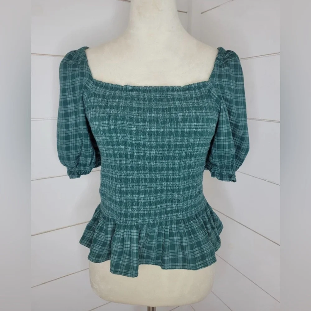 J.Crew Green Plaid Smocked Peplum‎ Top Puff Sleeve Square Neck Women’s Small